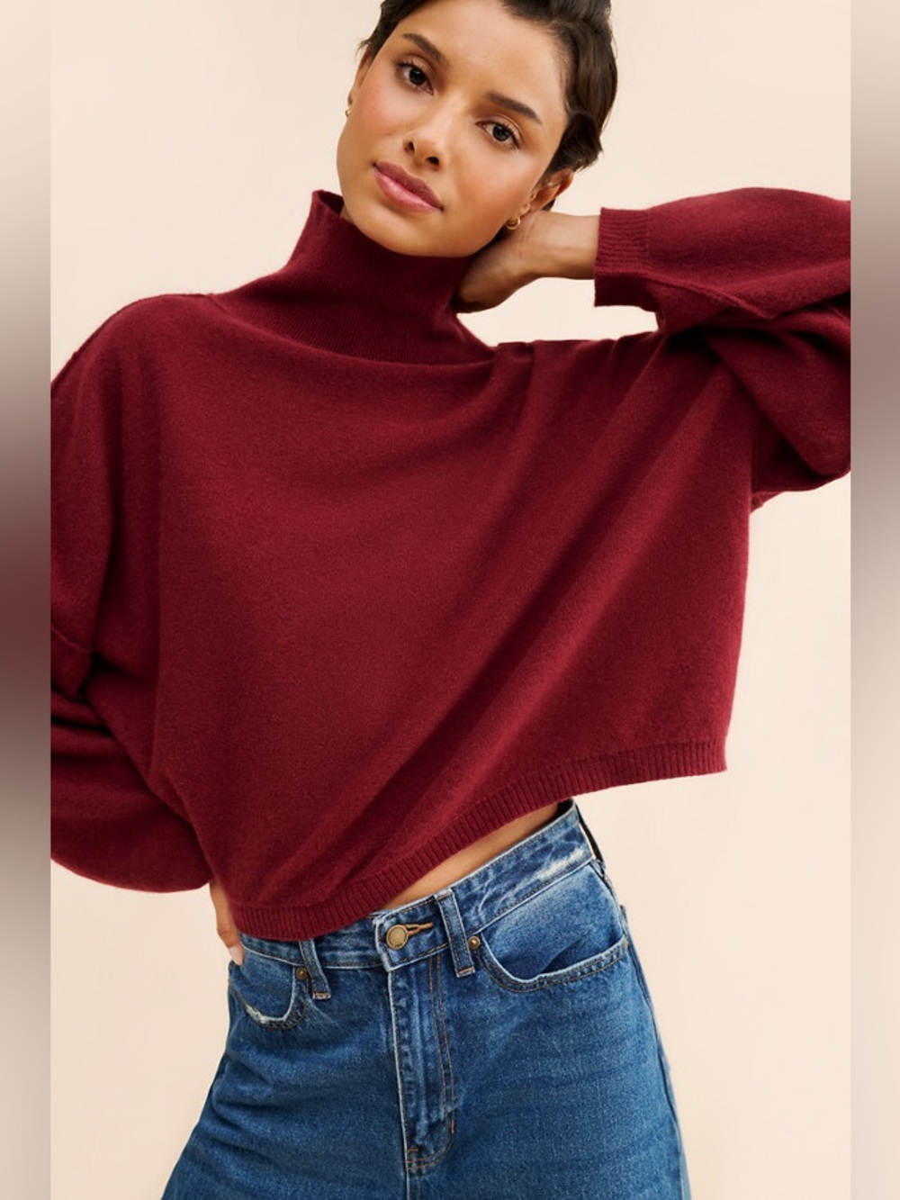 Small free people so low so high Relaxed cashmere Turtleneck Sweater Wine Red - Picture 13 of 17